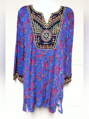 Soft Surroundings Boho Beaded Tunic Top Size L Bell Sleeve Pullover
